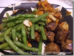 roasted butternut squash with green beans almondine and beefless tips