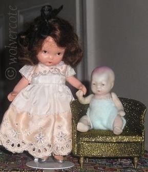 Nancy Ann Storybook doll bisque Elsie Marley silver slippers pudgy tummy 1940s Japan Ideal Petite Princess dollhouse chair 1960s all-bisque baby doll