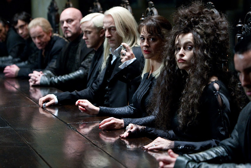 Tom Felton is Draco Malfoy, Jason Isaacs is Lucius Malfoy, Helen McCrory is Narcissa Malfoy and Helena Bonham Carter is Bellatrix LeStrange - Harry Potter and the Deathly Hallows