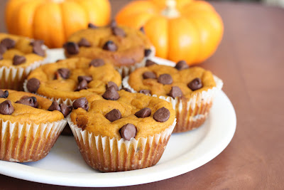 close-up photo of a plate of Chocolate Chip Pumpkin Muffins