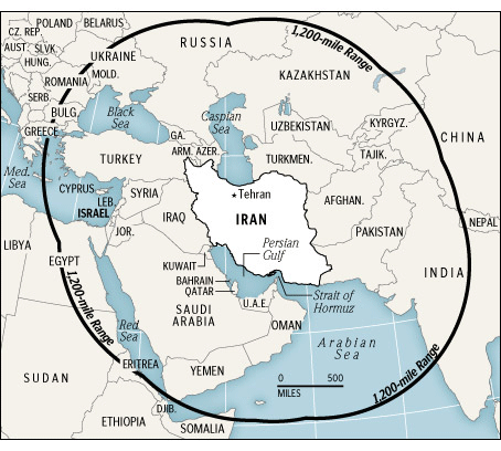 Range of Iran's Shahab Missiles. Copyright Washington Post