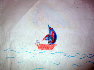 Drawing of a Crayon Sailboat on the Ocean