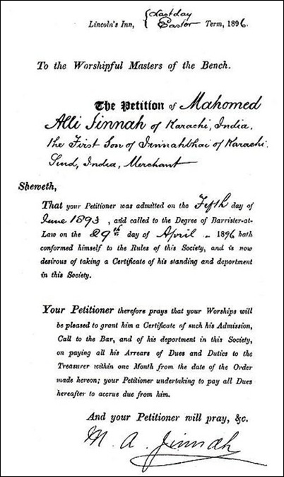 Mr Jinnah in Lincoln's Inn - Petition for a certificate, 1896