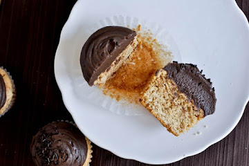 Peanut Butter Cupcakes with Chocolate Cheesecake Frosting.