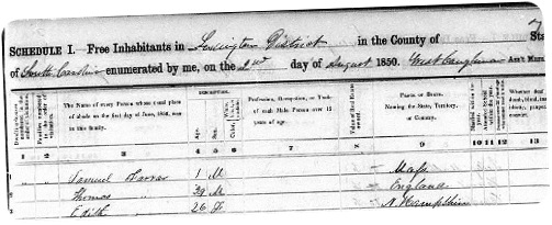 Farrar Thomas 1850 Census Lexington County South Carolina2