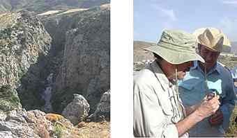 Photo, left: The Preveli Gorge; photo, right: Curtis Runnels and Tom Strasser take a close look at a find