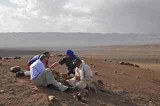 Fossil hunting in the Moroccan desert. Clockwise from front left: Chris Upton, Joseph Botting, Peter Van Roy and Mohammed Ben Said Ben Moula