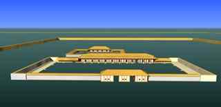 Reconstruction courtesy Professor Zhichun Jing. "F1" The largest structure ever found in Bronze Age China is reconstructed here. Behind it is "F2"the second largest structure in Huanbei. Both of these structures formed part of a palace-temple complex of more than 60 individual buildings. It was controlled by a Shang king.   