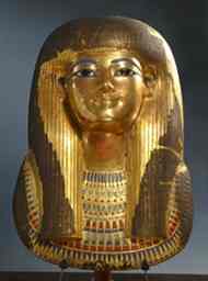 Egyptian, New Kingdom, Dynasty 18 (ca. 1390-1353 B.C.). Gilded Funerary Mask of Tjuya. Gilded cartonnage, obsidian, calcite, faience and colored glass. H. 43.1 cm; W. 31.1 cm; D. 29.5 cm. Thebes, Valley of the Kings, Tomb of Yuya and Tjuya (KV 46). Egyptian Museum, Cairo