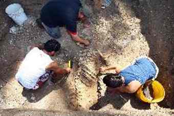 Blast from the past: Teacher's Assistant Joel Dworsky (top) with archaeology students Leonard Retter (left) and Meg Southern from the College of WIlliam & Mary.