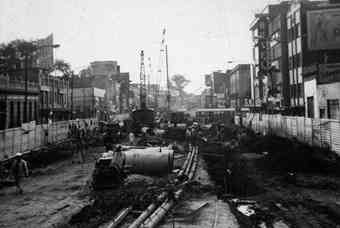 Panoramic view of Izazaga street, during the construction of subway lines 1 and 2.