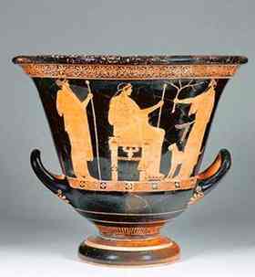 Cratere a calice a figure rosse firmato da Syrìskos  Datata 470-460 a.C. è decorata con Igea, suo figlio Oceano e Dioniso 