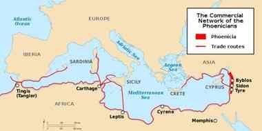 A map of the Phoenician civilization's common trade routes around the Mediterranean Sea. 
