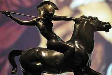 An original bronze sculpture of a riding warrior (before 1905) of Franz von Stuck on display in the historical museum of palatinate in Speyer during the special exhibition 'Amazons - mysterious warriors', Germany. Until 13 February 2011, the museum will show worldwide unique objects - archeological, cultural, historical and literary exhibits.