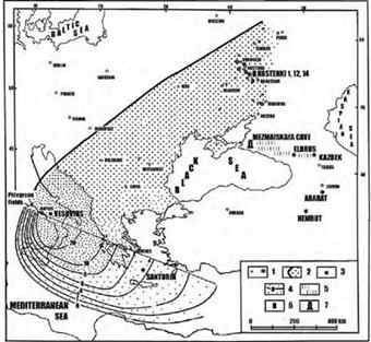 Map showing Y5 tephra distribution in Eastern Europe and eastern Mediterranean together with a proposed area of volcanic ash distribution from an eruption at ca. 40,000 BP in the Central Caucasus. 1, Y5 tephra find spots in Eastern Europe; 2, Y5 tephra distribution in Central and Eastern Europe; 3, volcanoes; 4, isobaths of Y5 tephra layer, derived from piston cores of the Eastern Mediterranean, indicating the thickness of Y5 deposition (cm); 5, a proposed area of volcanic ash distribution from an eruption in the Central Caucasus; 6, Paleolithic occupations in the Kostenki area; 7, Mezmaiskaya Cave.