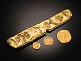 Gold bars and coins recovered from the $450 million treasure cache discovered on the Atocha shipwreck.