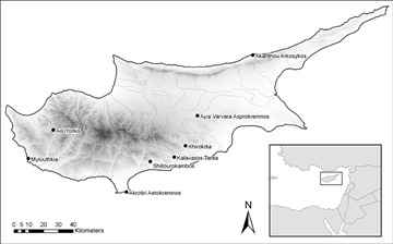 A map of major archaeological sites in Cyprus, showing the location of Ayia Varvara Asprokremnos, where early Neolithic material was found.