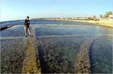 The inner dividing walls of a Roman-era fish tank at Punta della Vipera north of Rome. They are now below sea level even at the lowest tide.