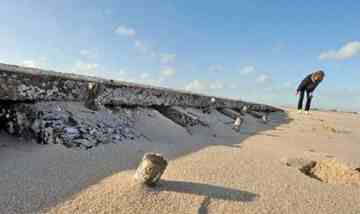Lisa Scapellati of Orleans examines the wreck she stumbled across Monday on a walk along Nauset Beach.