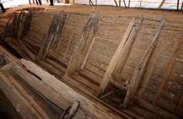 The newly excavated sunken ship of ancient China's Yuan Dynasty (1206-1368) displayed in Heze of east China's Shandong Province.