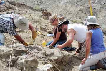 Joseph Camburn (left), Sandra Camburn (right background), Jason Schein (right center) and Linda Fitzgerald (right foreground) prepare to take out part of the Elk Ridge hadrosaur. Photo by Brian Switek.