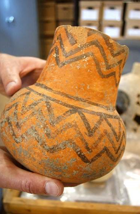 Painted redware vessel recovered in 2005 by SWCA from a Pueblo I period settlement in Ridges Basin from A.D. 750-820. This vessel, and others like it, were imported from the West, from as far away as southeastern Utah.