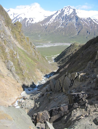 The Chignik Bay expedition site, looking down at the camp from where the Jurassic-era therapod tracks are found. Courtesy Kevin May, UA Museum of the North