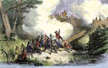 Colonists attack a Narragansett indian village during King Philip's war c1600.