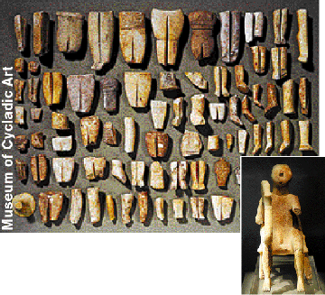 A group of smashed 4,500-year-old Keros figurines from the Cycladic Art museum's collection. Inset: 4,500-year-old marble figurine of a male harpist, found on the Aegean island of Keros and displayed at the National Archaeological Museum in Athens.