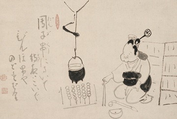 Hakuin Ekaku, Otafuku Making Dango. Ink on paper, 21.5 x 14.1 in. Shinwa-an Collection.