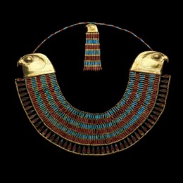 The collar found on Neferuptah, the daughter of Amenemhat III, is made of rows of feldspar and carnelian highlighted with gold falcon motif terminals. (©2008 Sandro Vannini)