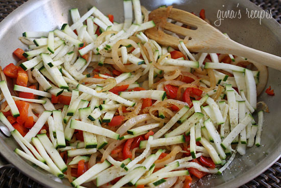 Sautee zucchini, peppers and onions to put in the frittata.