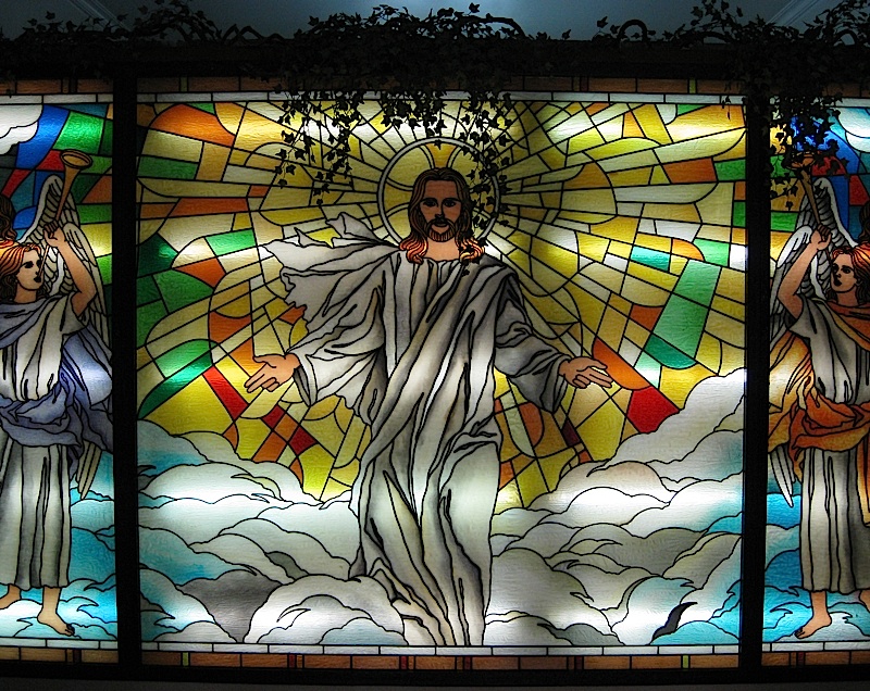stained glass panels at the crypt of Our Lady of Mount Carmel church