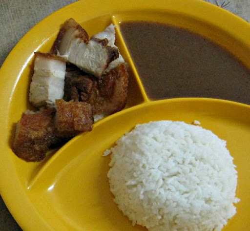 lechon kawali with liver sauce and rice
