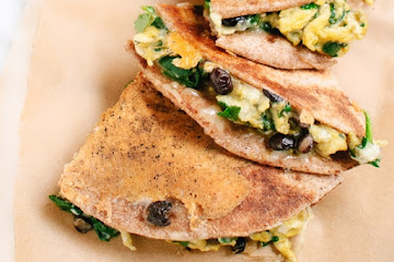 Vegetarian Breakfast Quesadillas with Scrambled Eggs, Spinach and Black Beans