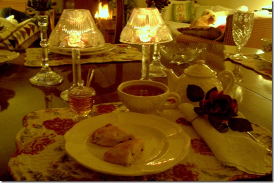 tea for one with scones and candles