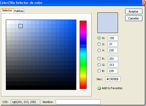 Aspecto de interfaz selector de color de Colorzilla