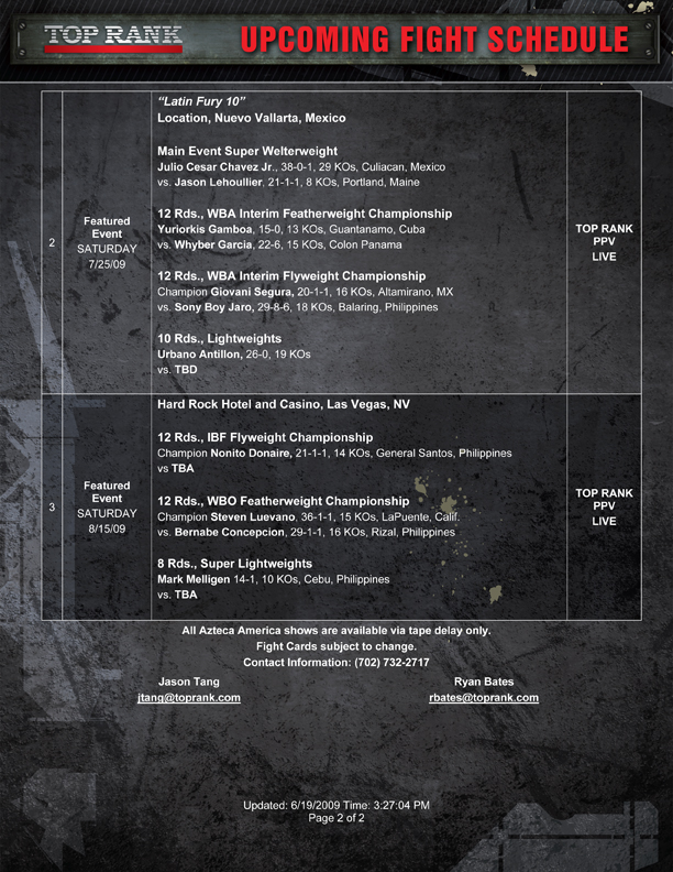 Top Rank Boxing: Upcoming Fight Schedule - updated on June 19, 2009