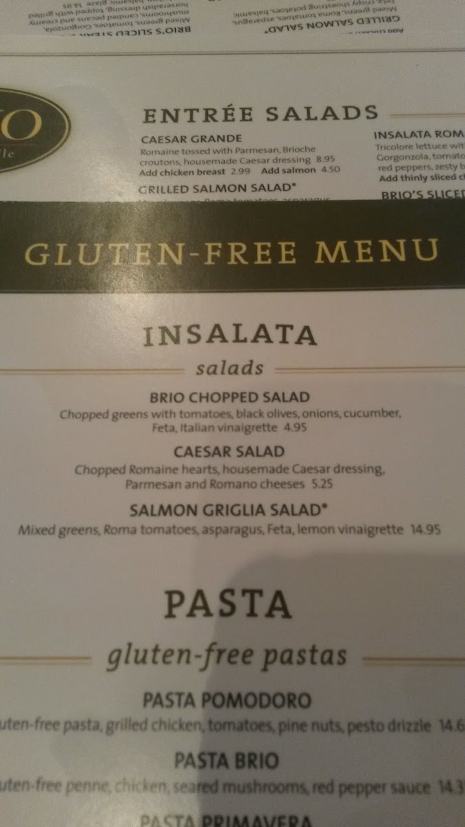 Brio's gluten free menu as of 4/25/2014