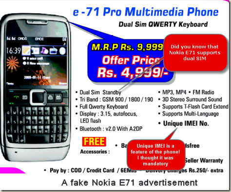 Advertisement of a fake Nokia E71