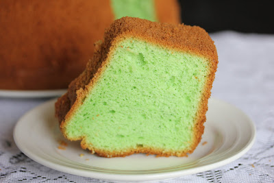 close-up photo of a slice of pandan chiffon cake