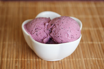 scoops of blueberry ice cream in a bowl
