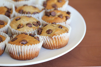 close-up photo of Peanut Butter Banana Chocolate Chip Muffins on a plate