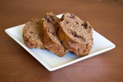 photo of three slices of chocolate banana bread on a plate