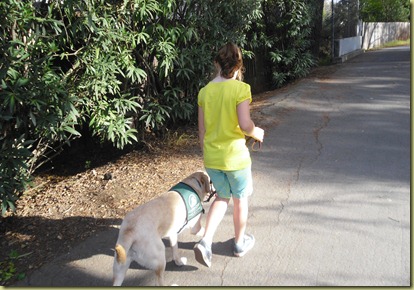 Sara walking Reyna on the canal trail.  Reyna is in the perfect heal postion.