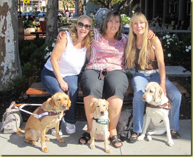 The three pups and their moms.  Glenda and Wendy, myself and Vienna and Lynda and Tamera sitting on a bench outside the restaurant.