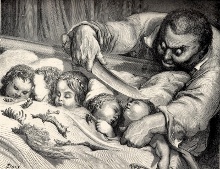 Ogro de Pulgarcito apunto de degollar a sus hijas (Gustave Doré)