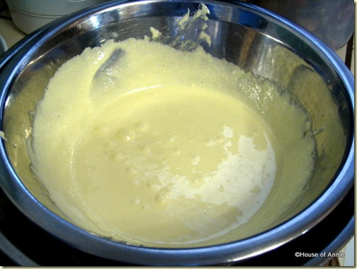 Egg yolks and sugar beaten over simmering water, for green tea tiramisu