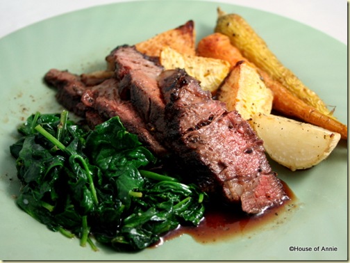 WSM Grilled Ribeye Steaks with Sauteed Bloomsdale Spinach and Oven-Roasted Root Vegetables