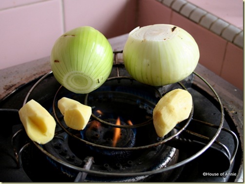 roasting onion and ginger for pho